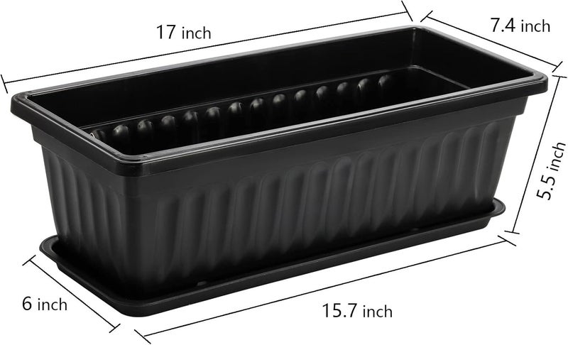 Fasmov 7 Pack 17 Inches Flower Window Box Plastic Vegetable Planters with Trays Vegetables Growing Container Garden Flower Plant Pot with 7 Pcs Plant Labels for Balcony, Patio, Garden, Black - Image 2